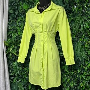 Y2K Spoon Dress Small Green Button Front Shirt Dress Ruched Waist  3448
